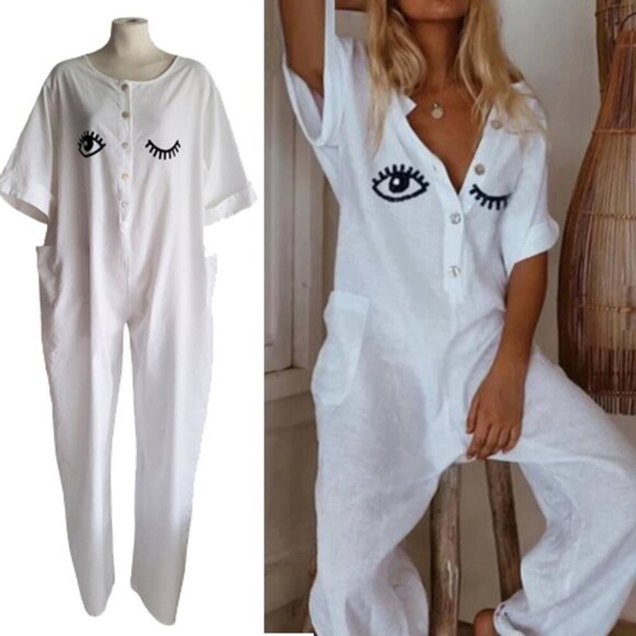 MISSLOOK Pants - MissLook Cotton Linen Jumpsuit Playsuit Eyelash Cute Fun Wide leg Loungewear 2X